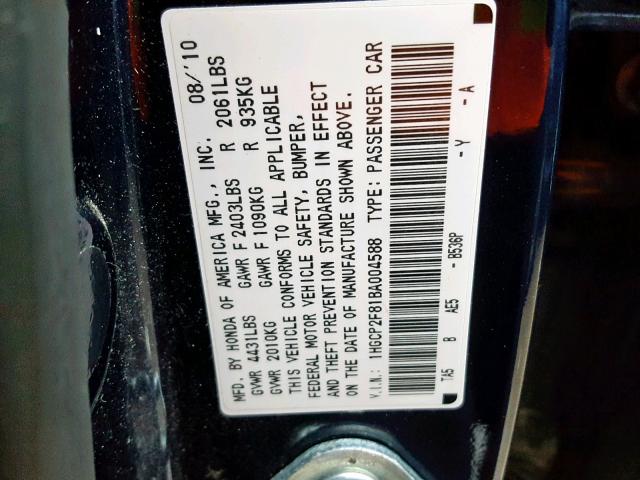 1HGCP2F81BA004588 - 2011 HONDA ACCORD EXL BLUE photo 10