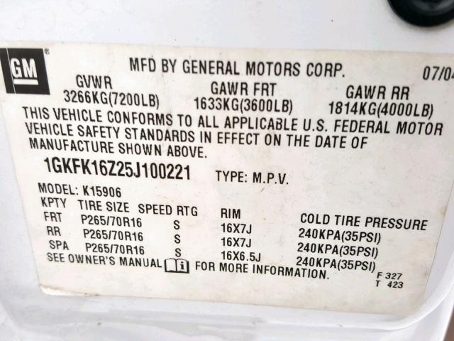 1GKFK16Z25J100221 - 2005 GMC YUKON XL K WHITE photo 10