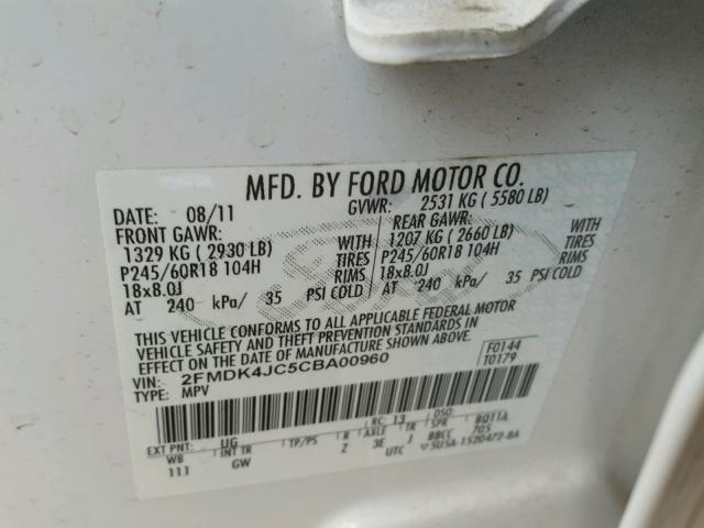 2FMDK4JC5CBA00960 - 2012 FORD EDGE SEL WHITE photo 10