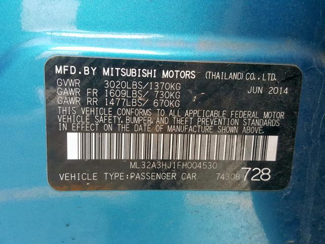 ML32A3HJ1FH004530 - 2015 MITSUBISHI MIRAGE DE BLUE photo 10