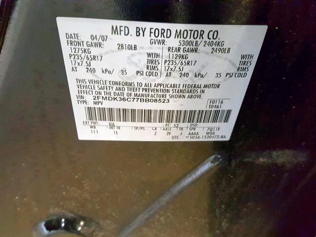 2FMDK36C77BB08523 - 2007 FORD EDGE SE BLACK photo 10