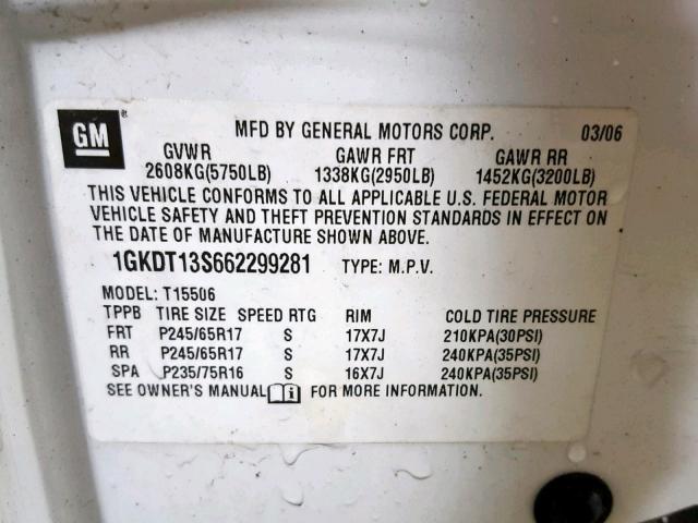 1GKDT13S662299281 - 2006 GMC ENVOY WHITE photo 10