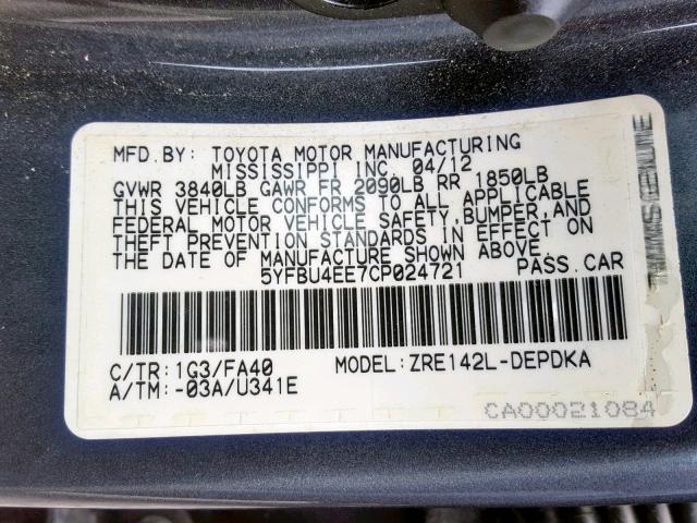 5YFBU4EE7CP024721 - 2012 TOYOTA COROLLA BA GRAY photo 10