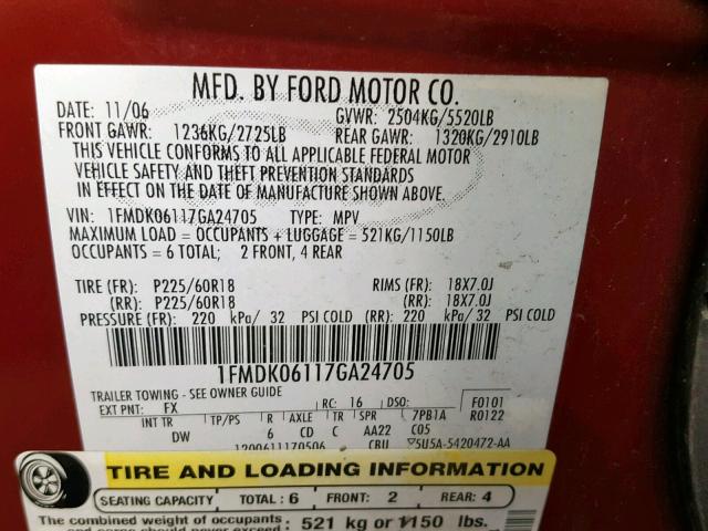 1FMDK06117GA24705 - 2007 FORD FREESTYLE RED photo 10