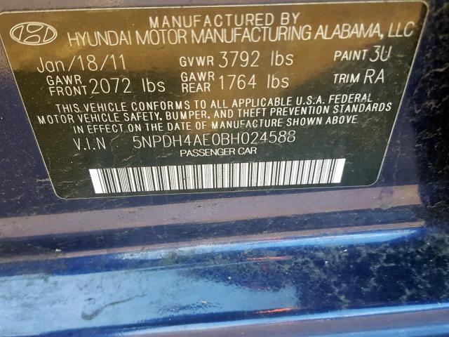 5NPDH4AE0BH024588 - 2011 HYUNDAI ELANTRA GL BLUE photo 10