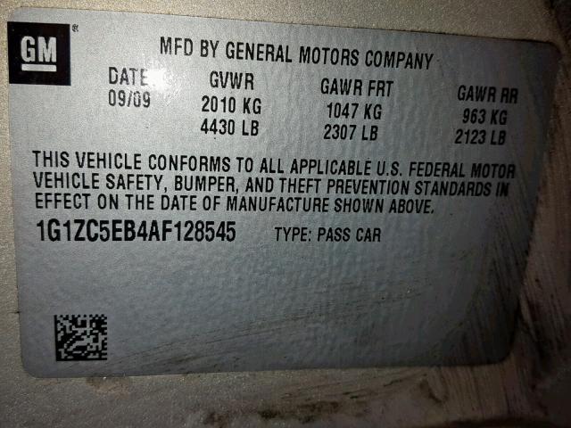 1G1ZC5EB4AF128545 - 2010 CHEVROLET MALIBU 1LT ოქროსფერი ფოტო 10