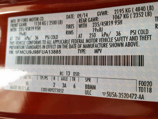 1FMCU9J98FUA13885 - 2015 FORD ESCAPE TIT RED photo 10