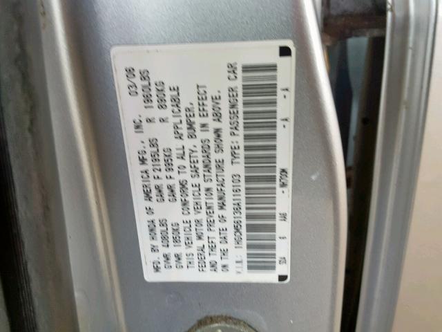 1HGCM56136A116103 - 2006 HONDA ACCORD VAL SILVER photo 10