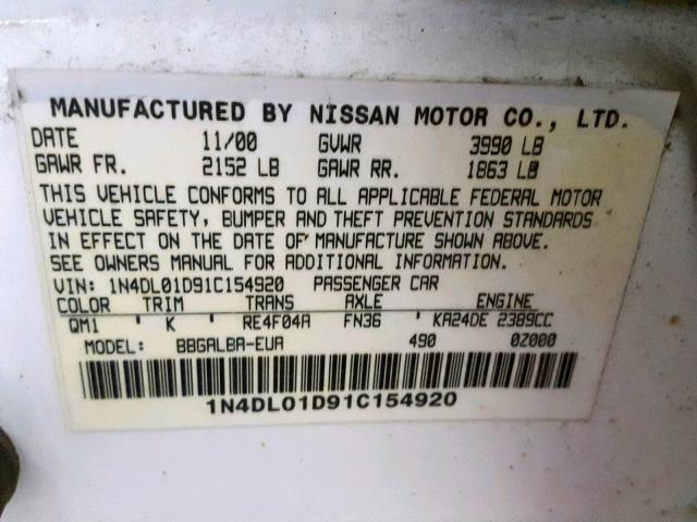 1N4DL01D91C154920 - 2001 NISSAN ALTIMA XE WHITE photo 10