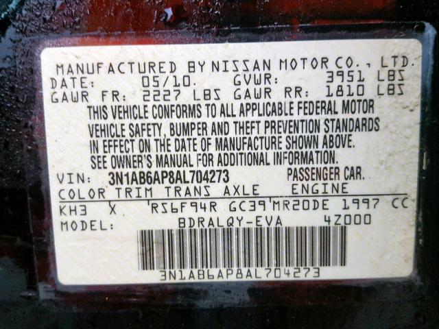 3N1AB6AP8AL704273 - 2010 NISSAN SENTRA 2.0 BLACK photo 10