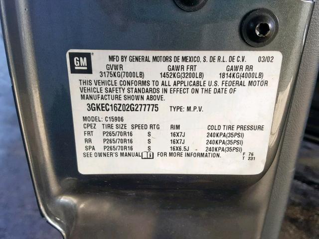 3GKEC16Z02G277775 - 2002 GMC YUKON XL C GRAY photo 10