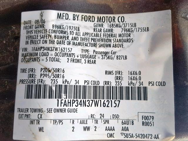 1FAHP34N37W162157 - 2007 FORD FOCUS ZX4 GRAY photo 10