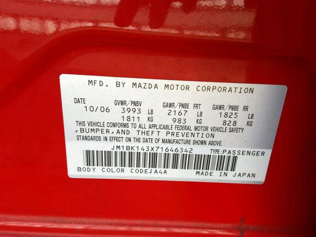 JM1BK143X71646342 - 2007 MAZDA 3 HATCHBAC RED photo 10