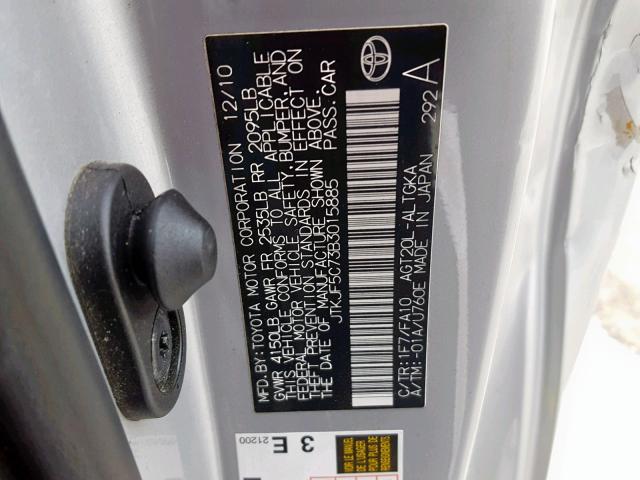 JTKJF5C73B3015885 - 2011 TOYOTA SCION TC ვერცხლისფერი ფოტო 10