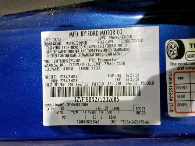 1ZVFT80N275232685 - 2007 FORD MUSTANG BLUE photo 10