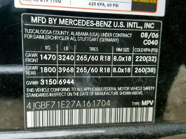 4JGBF71E27A161704 - 2007 MERCEDES-BENZ GL 450 4MA BLACK photo 10