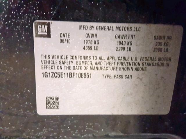 1G1ZC5E11BF108861 - 2011 CHEVROLET MALIBU 1LT 黑色 照片 10