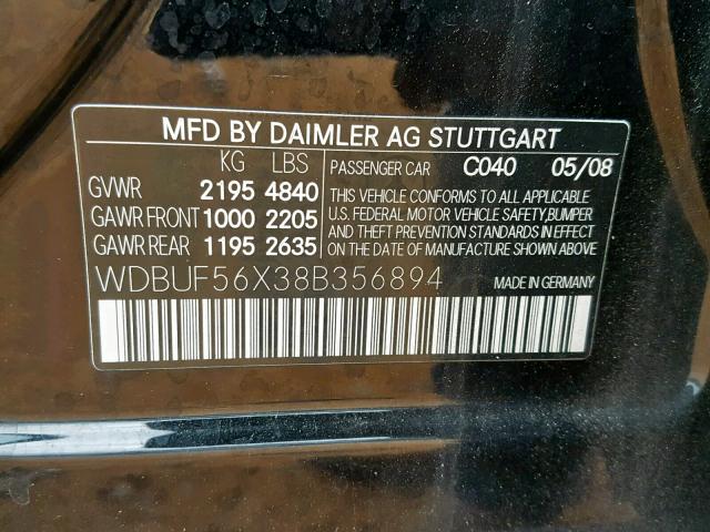 WDBUF56X38B356894 - 2008 MERCEDES-BENZ E 350 BLACK photo 10