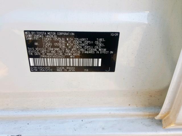 JTMYK4DV1A5026623 - 2010 TOYOTA RAV4 LIMIT WHITE photo 10