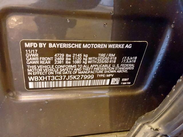 WBXHT3C37J5K27999 - 2018 BMW X1 XDRIVE2 GRAY photo 10