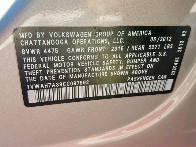 1VWAH7A38CC097592 - 2012 VOLKSWAGEN PASSAT S SILVER photo 10