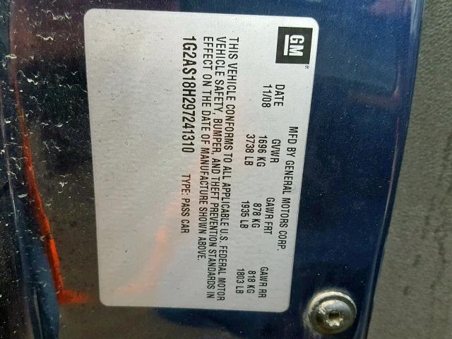 1G2AS18H297241310 - 2009 PONTIAC G5 BLUE photo 10