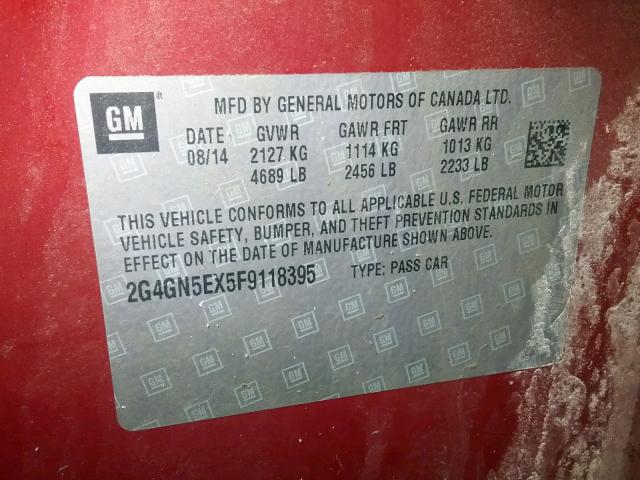 2G4GN5EX5F9118395 - 2015 BUICK REGAL PREM RED photo 10