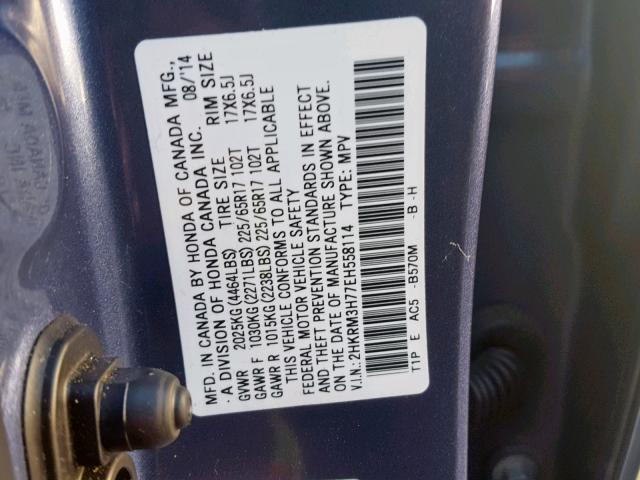 2HKRM3H77EH558114 - 2014 HONDA CR-V EXL BLUE photo 10