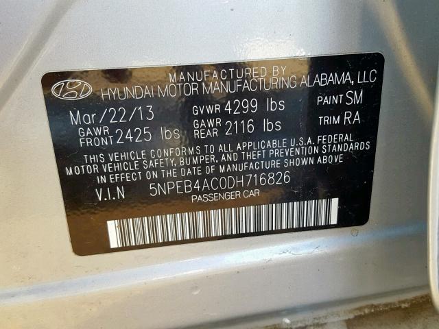 5NPEB4AC0DH716826 - 2013 HYUNDAI SONATA GLS SILVER photo 10