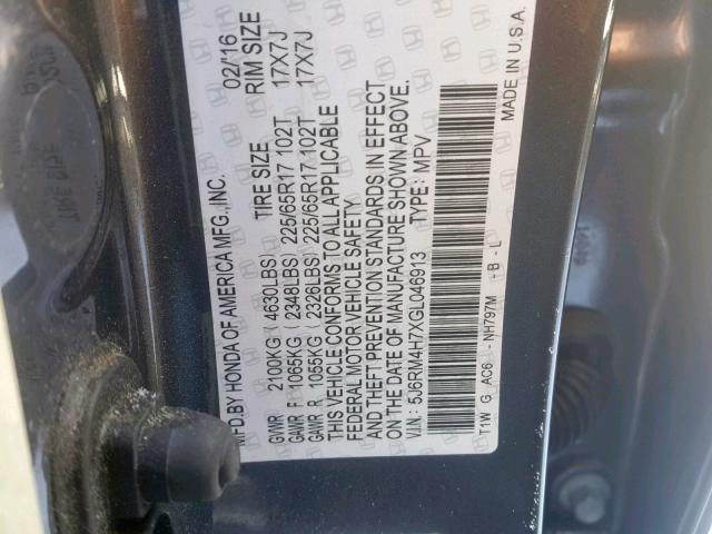 5J6RM4H7XGL046913 - 2016 HONDA CR-V EXL GRAY photo 10