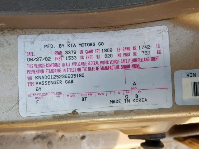 KNADC125236205180 - 2003 KIA RIO GOLD photo 10