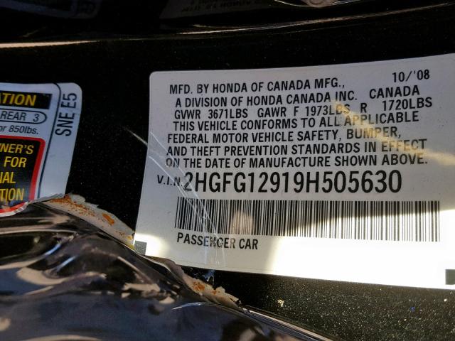 2HGFG12919H505630 - 2009 HONDA CIVIC EXL BLACK photo 10