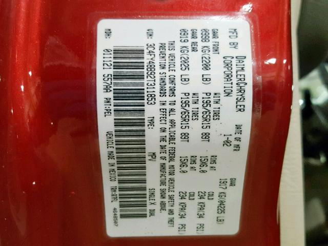 3C4FY48B92T311853 - 2002 CHRYSLER PT CRUISER RED photo 10