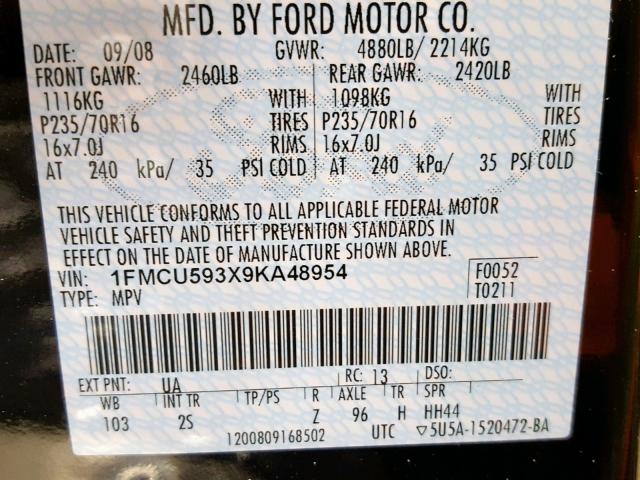 1FMCU593X9KA48954 - 2009 FORD ESCAPE HYB BLACK photo 10