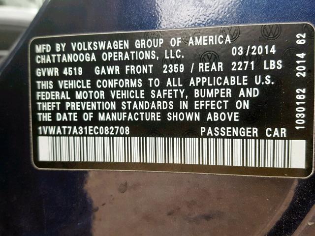 1VWAT7A31EC082708 - 2014 VOLKSWAGEN PASSAT S BLUE photo 10