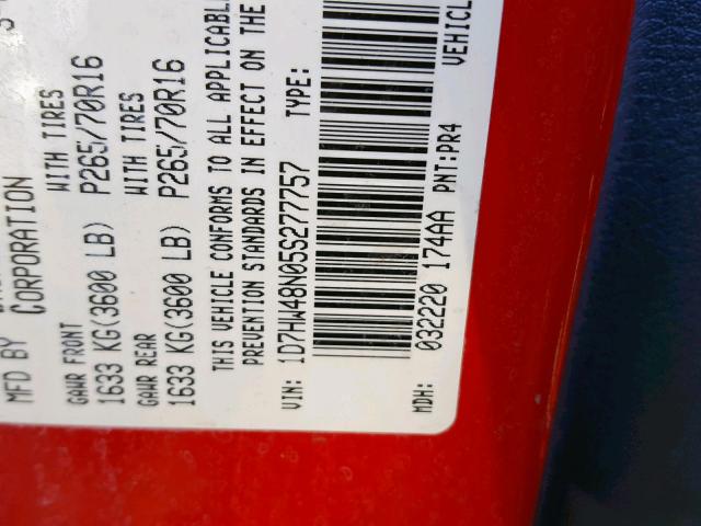 1D7HW48N05S277757 - 2005 DODGE DAKOTA QUA RED photo 10