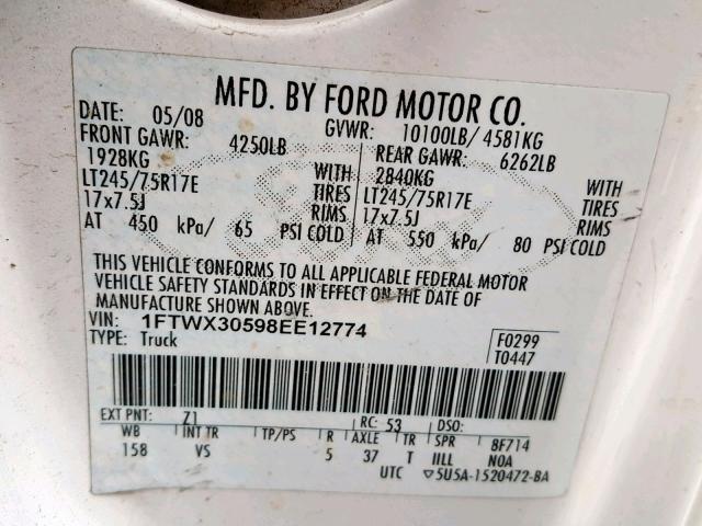 1FTWX30598EE12774 - 2008 FORD F350 SRW S WHITE photo 10