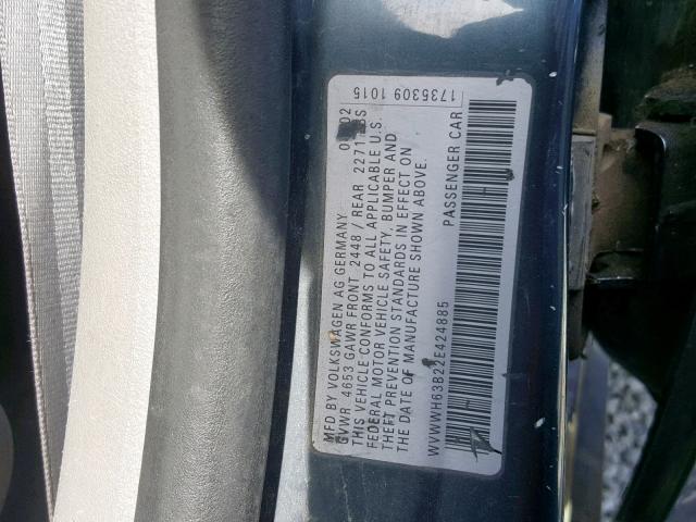 WVWWH63B22E424885 - 2002 VOLKSWAGEN PASSAT GLX GRAY photo 10