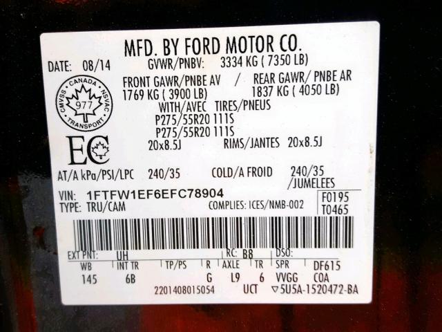 1FTFW1EF6EFC78904 - 2014 FORD F150 SUPER BLACK photo 10