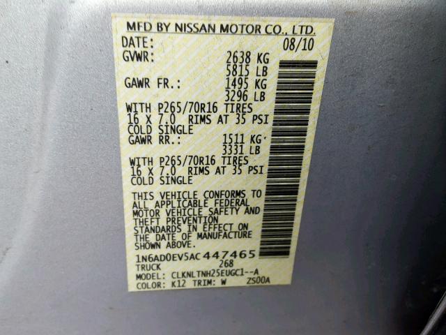 1N6AD0EV5AC447465 - 2010 NISSAN FRONTIER C GRAY photo 10