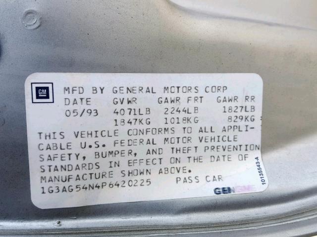 1G3AG54N4P6420225 - 1993 OLDSMOBILE CUTLASS CI SILVER photo 10