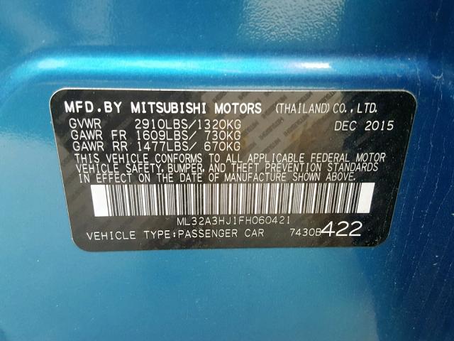 ML32A3HJ1FH060421 - 2015 MITSUBISHI MIRAGE DE BLUE photo 10