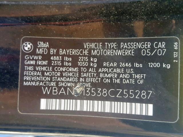 WBANV13538CZ55287 - 2008 BMW 528 XI BLACK photo 10