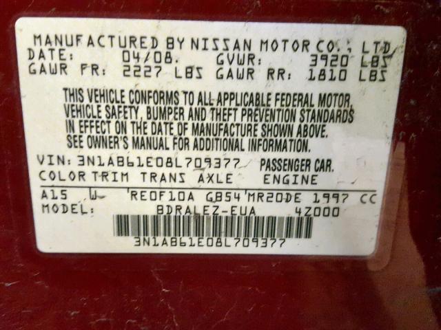 3N1AB61E08L709377 - 2008 NISSAN SENTRA 2.0 MAROON photo 10