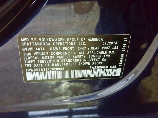 1VWBV7A36FC028062 - 2015 VOLKSWAGEN PASSAT SE BLUE photo 10