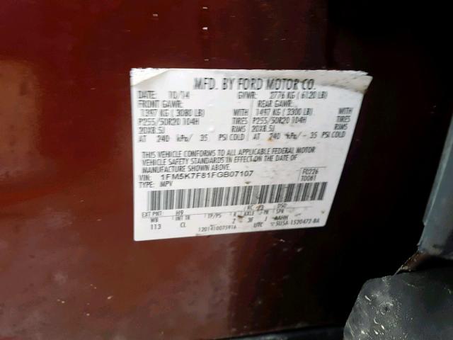 1FM5K7F81FGB07107 - 2015 FORD EXPLORER L BROWN photo 10