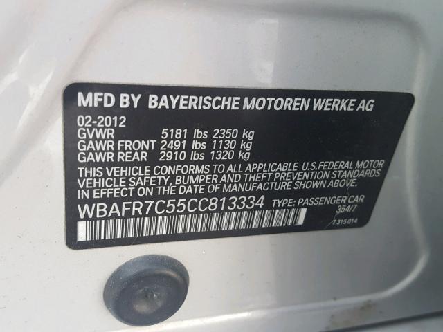 WBAFR7C55CC813334 - 2012 BMW 535 I SILVER photo 10
