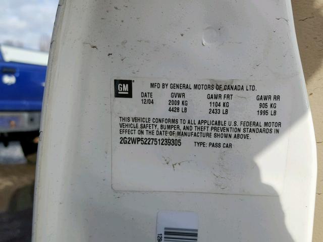 2G2WP522751239305 - 2005 PONTIAC GRAND PRIX WHITE photo 10