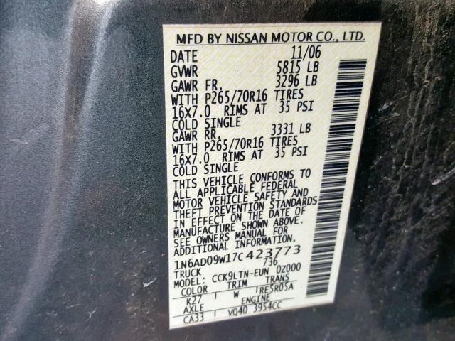 1N6AD09W17C423773 - 2007 NISSAN FRONTIER C GRAY photo 10