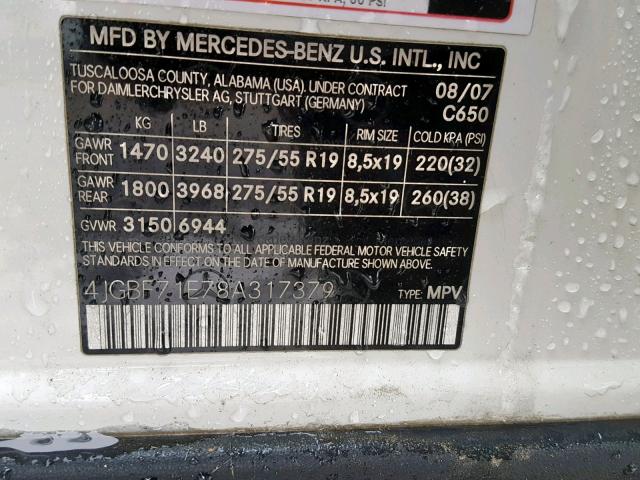 4JGBF71E78A317379 - 2008 MERCEDES-BENZ GL 450 4MA WHITE photo 10